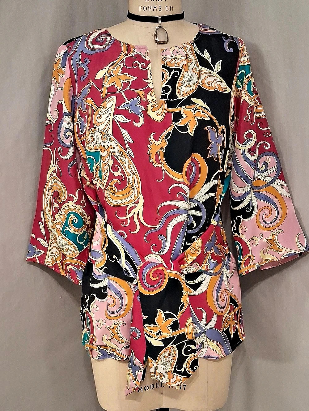 Coldwater Creek Paisley Silk Blouse in Pink & Black Size Medium